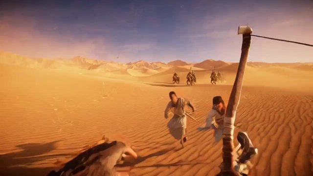 敦煌鸣沙山的沙漠，一群回鹘士兵在追捕一个汉人士兵和于阗少女
